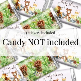 Watercolor Woodland Forest Animals Baby Sprinkle Baby Shower Mini Chocolate Candy Bar Sticker Wrappers, 45 1.4" x 2.6" Wrap Around Labels by Amanda Creation, Great for Party Favors