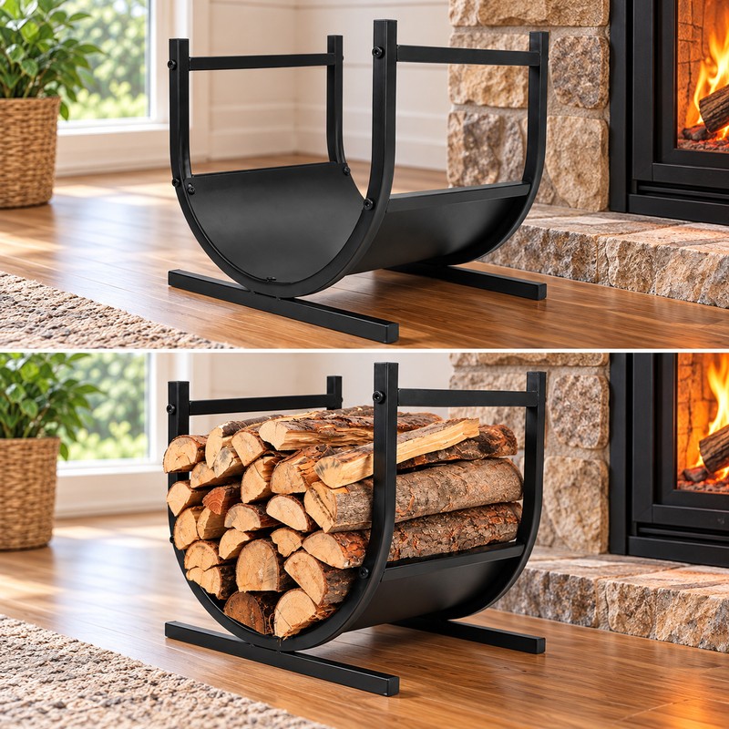 Firewood Log Holder for Indoor Fireplace Storage – Black Metal