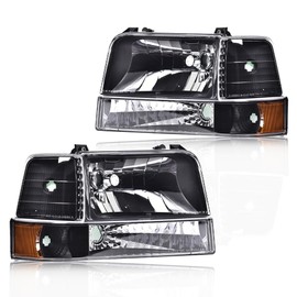 G-PLUS Headlights Assembly w/Corner Signal Lamps,Fit For 1992-1996 Ford F150 Bronco,Fit1992-1997 Ford F250 F350 F-Super Duty, Left & Right Side,Clear lens Black Housing Amber Reflector