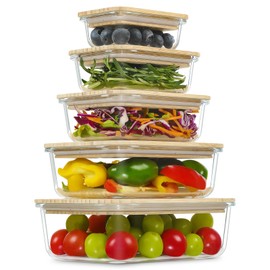 Urban Green Glass Containers with Bamboo Lids, Meal Prep Glass Food storage Container Set, 5 Pack, Pantry & Kitchen Organizer, Microwave, Oven, Freezer Safe