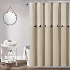 Lush Decor Beige Linen Woven Cotton Shower Curtain, Farmhouse Button Stripe, Yarn Dyed (72" x 72")