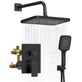Upgraded Shower System for Bathroom: Aposhion 12 Inch Square Rainfall Shower Faucet Set Rough-in Pressure-balanced Valve with Handheld Sprayer, Wall Mounted Luxury Rain Shower Faucet Kit Complete