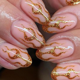 ANDGING Gold Press on Nails Oval Short Flame Fake Nails with Glitter Design Gel Almond Glue on Nails for Women Acrylic False Nails with Glue Full Cover Stick on Nails for Wedding Birthday 24Pcs