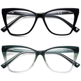 Oversized Reading Glasses Women Cat Eye Photochromic Computer Reader Stylish Ladies Designer Fashion Big Unbreakable Eyewear 2Pack Black & Dark Green +1.0x
