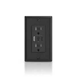 ALASTECH 4.8A USB C Outlet, 15 Amp Charging Power Outlet with 2 Ports, Black Dual High Speed Tamper Resistant Receptacle Plug, Wall Plate Included, ETL Listed, 1 Pack