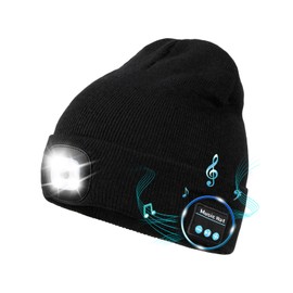 Gifts for Men Dad, Bluetooth LED Beanie Music Hat with Light and Headphones, Stocking Stuffers for Men Women Camping Gadgets Black