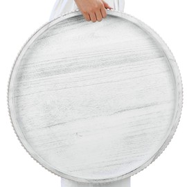 Tiangrid 24 Inch Extra Large Round Wooden Ottoman Table Tray White Washed Beaded Wood Serving Tray Rustic Decorative Tray Table Centerpiece White Tray Decor for Living Room Kitchen Counter