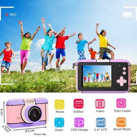 YunLone Kids Digital Camera - Selfie Camera for Children 3-10 Years, 1080P FHD Video, 2.4” LCD, 32GB Card, 4X Zoom, Filters - Purple