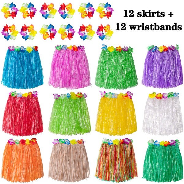 jollylife 12PCS Hawaiian Luau Hula Skirts + 12PCS Wristbands - Hibiscus Flowers Birthday Tropical Party Decorations Favors Supplies