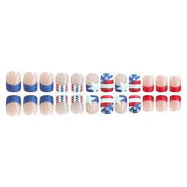 24Pcs Independence Day Press on Nails Short Square Nails French Tip Fake Nails with Glitter Designs 4th of July Acrylic Nails American Flag False Nails Patriotic Stick on Nails for Women DIY Nail Art