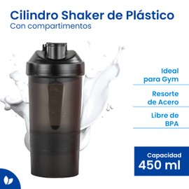 Cilindro Shaker Proteína de 450 ml con Compartimentos | Mezclador con Resorte de Acero | Vaso para Proteína Gym | Plástico Libre de BPA | Almacenamiento de Suplementos | UNDA