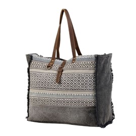 Myra Bag Minimal Rhombus Patterned Weekender Bag Upcycled Cotton & Hair Leather S-3044