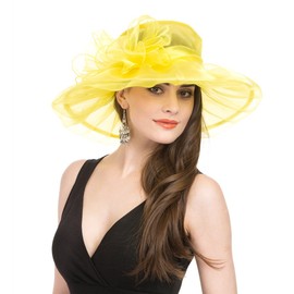Saferin Women Dress Organza Kentucky Derby Church Wedding Wide Brim Polyester Race Top Sun Protection Hat (Yellow with Bowknot)