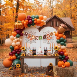 Fall Thanksgiving Balloons Garland Arch Kit sage green red burnt orange Balloons with artificial maple leaf & pumpkin Acorn balloons Banner for Little Pumpkin Baby Shower Harvest Birthday decorations