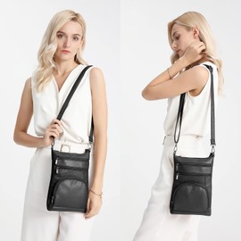 Miss Lulu Women Multi Pocket RFID Blocking Crossbody Bag Small Fashion PU Leather Messenger Travel Organizer Satchel Sling Shoulder Bags (Black)