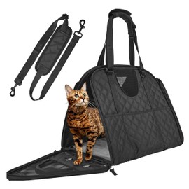 Fully Opening Cat Soft-Sided Carriers with 3 Pockets, Self-Locking Zipper Cat Transport Carrier, Breathable Kitten Carrier, Perfect for Traveling, Outdoor Activity and Driving Up to 16 Lbs(Black)