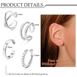 Kakonia 925 Sterling Silver Ear Cuffs for Women No Piercing Minimalist Helix Cartilage Ear Clip Criss Cross Double Lines Fake Cartilage Piercing 4 Style