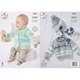 King Cole Baby Aran Knitting Pattern Raglan Sleeve Sweater Jacket & Hat (6050)