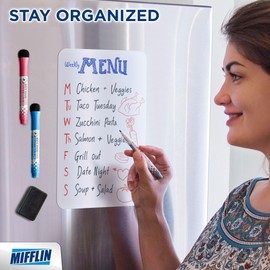 Mifflin-USA Magnetic Dry Erase White Board Sheet for Fridge (12x8''), Stain-Resistant Refrigerator Whiteboard Organizer, Kitchen Planner Board w/ 3 Fine-Tipped Markers & Convenient Eraser