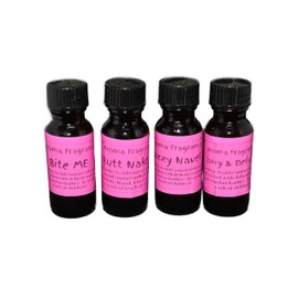 Generic 4pc Multi Scent 1/2oz Fun Scented Fragrance Oils BITE ME, BUTT NAKED, FUZZY NAVEL, JUICY & DELICIOUS, Electric & Non Electric Warmer Scents, Clear