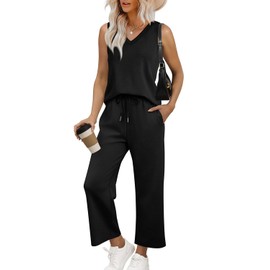 WIHOLL Two Piece Sets for Women Dressy Fashion V Neck Matching Sets Women Clothing Wide Leg Pants Travel Outfits Beach Vacation Clothes Black S