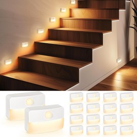 16 Pack Motion Sensor Stair Light for Indoor, Battery Operated Closet Lights, Stick on Anywhere Hallway Lamp, Portable Led Night Lamps for Bedroom Under Cabinet Kitchen