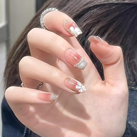 BIBII Nails Handmade Nail Tip, 3D Claws, Long Pink, Stickers, Hand-painted Floral Pattern, Spring and Summer, Korea, Popular, 10 Pieces, False Nails, Easy to Wear with Finger Suit, Reusable, Glossy,