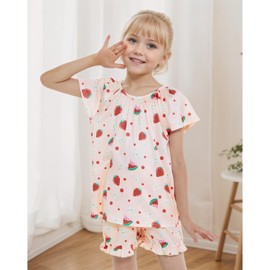 JiAmy Pjs for Girls Summer Girls Pyjamas 3 Piece Pj Kids Set Short Sleeve Nightwear Sets Sleepwear 4-12 Years Age 11-12,Red Strawberry