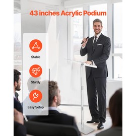 VEVOR Acrylic Podium, 47" Clear Acrylic Podium Stand with Wide Reading Surface & Storage Shelf, Floor-Standing Clear Pulpits Acrylic for Church Office School