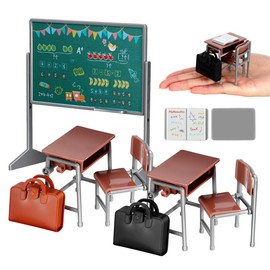 NOLITOY Miniature Dollhouse School Desk Chair Set - Mini Classroom Furniture Model with Blackboard Book Schoolbag - Dollhouse Accessories for Decoration and Collectors