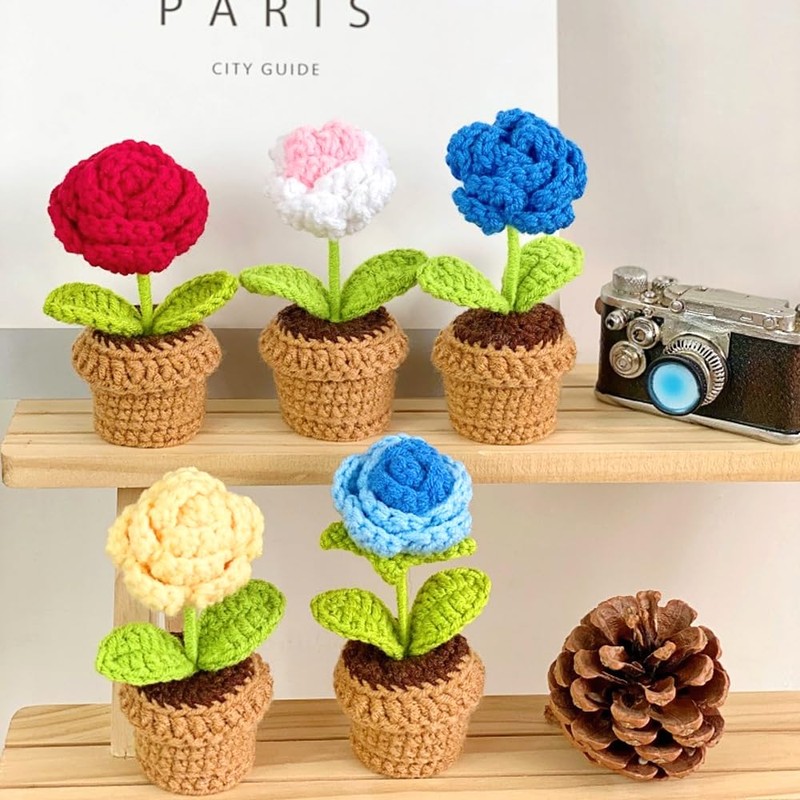 Lutoku Cute Knitted Flower Plant, Kawaii Handmade Crochet Flowers,Small Potted