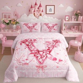 Erosebridal Coquette Bow Full Size Bedding Pink Groovy Floral Trendy Cute Bowknot Duvet Insert Initial Letter V Aesthetic Bow Gifts Girls Comforter for Girlfriend/Mom/Sister (V)