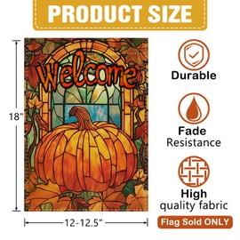 Dyrenson Welcome Fall Pumpkin Stained Glass Window Decorative Garden Flag, Autumn Thanksgiving Maple Leaves Yard Outside Home Decoration, Vintage Burlap Outdoor Small Decor Double Sided 12 x 18