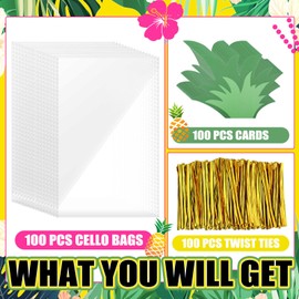 Yexiya 100 Set Pineapple Party Favors Bags Hawaiian Pineapple Cello Bags with Twist Ties and Cards Luau Candy Cellophane Treat Bags for Cookies Candies Summer Hawaiian Holiday for Kids and Adults