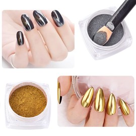 Black Mirror Powder Metallic Chrome Powder,2 Jars Gold Black Nail Art Mirror Glitter Effect Chrome Pigment Dust Manicure Tips with Sponge Applicators
