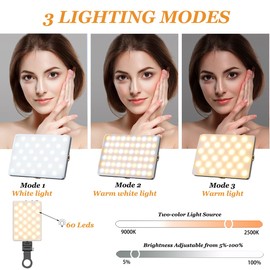 Portable Selfie Light Flash, Rechargable 60LED Phone Light with Clip & Double 1/4" Screw Hole,2500k-9000K Dimmable Camera Light for Phone/Laptop/Tablet/Camera, for Selfie/Video Conference, Black