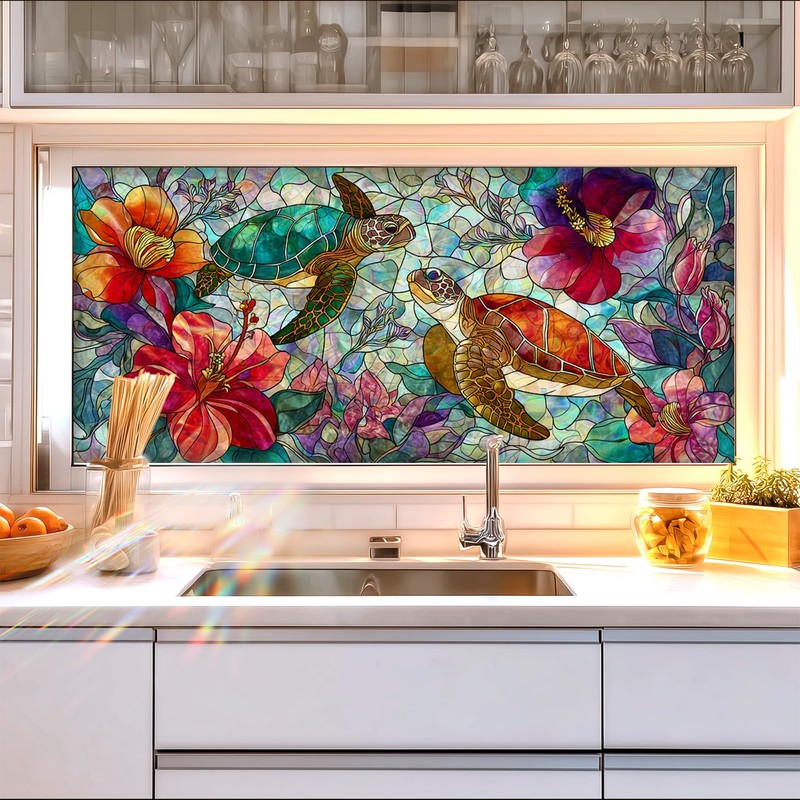 HOMETITUTE Sea Turtle Tropical Flower Window Cling 39.3x17.7 Inch PVC