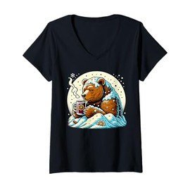 Womens Grizzly Bear Sipping Hot Drink In Winter Snow Falling V-Neck T-Shirt