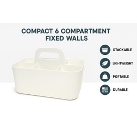 Enjoy Organizer - Small Stackable Plastic Caddy with Handle 6 Compartment | Desk, Makeup, Dorm Caddy, Classroom Art Organizers - 4 Pack, Made In USA (Ivory)