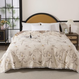 Lemfux 4-Layer 100% Cotton Muslin Cooling Blanket, Boho Floral Gauze Throw with Fringe, Ultra Soft Breathable Lightweight Bedspread Coverlet for Bed Sofa Couch