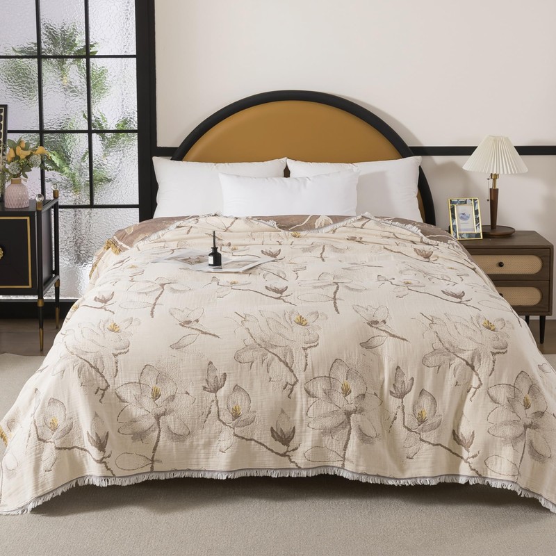 Lemfux 4-Layer 100% Cotton Muslin Cooling Blanket, Boho Floral Gauze