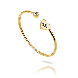 LSxAB Heartbeat Electrocardiogram Gold Tone Heart Charm ECG Cuff Bracelet for Women Stainless Steel Expandable Bangle Bracelets
