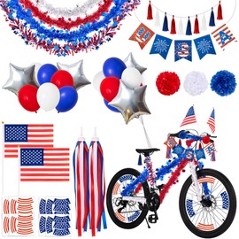 80UncleKimby 29Pcs 4th of July Bike Decorations for Kids: Patriotic Parade Streamers, Flags, Tinsel Garland, Etc - Red White Blue Bicycle Decor Party Favors