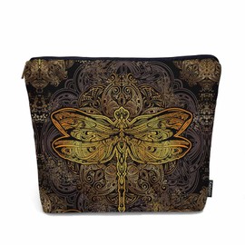 Kalygon Dragonfly Makeup Bag For Women, Adorable Cosmetic Bag Makeup Bags, Ethnic Mandala Dragonflies Golden Zipper Bag Travel Bags Toiletry Organizers Pouch Bags Washing Bags For Gym Bathroom