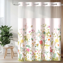 Colorful Star Floral Shower Curtain with Snap in Liner, Pink Flower Cloth Bath Curtain, No Hook Shower Curtains with Mesh Top Window, Fabric Waterproof Bathroom Curtain Set, 72 x 75 Inch