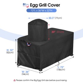 Topcover Grill Cover Compatible with Large Big Green Egg, 72 Inch Waterproof Outdoor Big Egg BBQ Grill Cover - 72" L x 36" W x 32" H