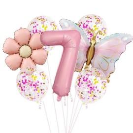 32 Inch Pink Number 7 Butterfly Daisy Balloons Set, 7th Birthday Decorations for Girls, Butterfly Party Decoration Supplies. (Pink 7)
