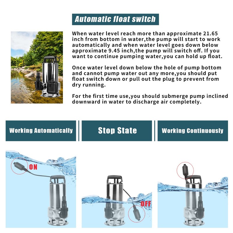 TOPWAY 1.5HP 4250GPH Stainless Steel Water Sump Pump, Clean/Dirty Submersible