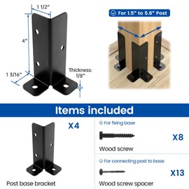 Muzata 4Pack Adjustable Post Base Brackets Fit 1.5x1.5 2x2 2x4 4x4 Heavy Duty Wood Fence Pergola Black Half Column Deck Post Anchor for Deck Railing Mailbox WT32