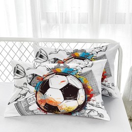 Nttopship Soccer Sports Comforter Set Twin Size,100% Soft Ultra-fine Fiber Four Season Hand Drawn Graffiti Style Comforter Set,with 1 Comforter and 2 Pillow Case